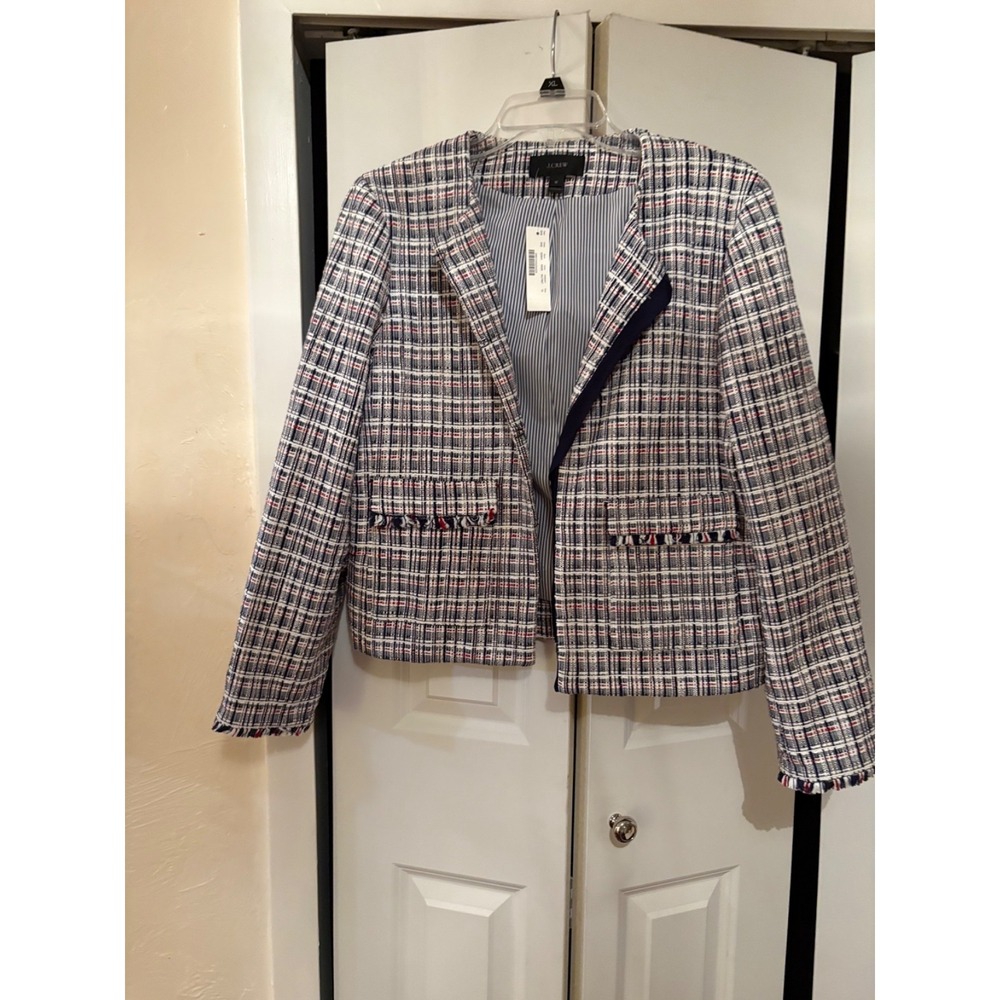 NWT J. Crew‎ Tweed Jacket Size 16 Navy Multi Raw Hem Collarless Blazar